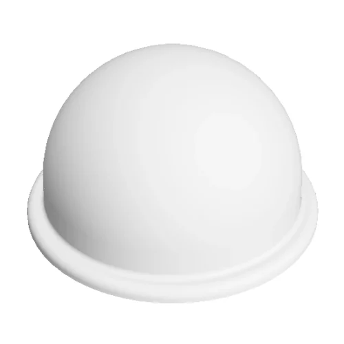 Isometric view of a Low Profile Nemo Antenna with a White Radome in a half spherical shape with a lip for the base plate (not shown in this image).