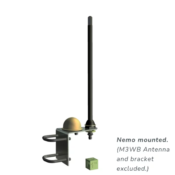 Assembly example of a Low Profile Nemo Antenna mounted, showing a bracket and M3WB antenna.